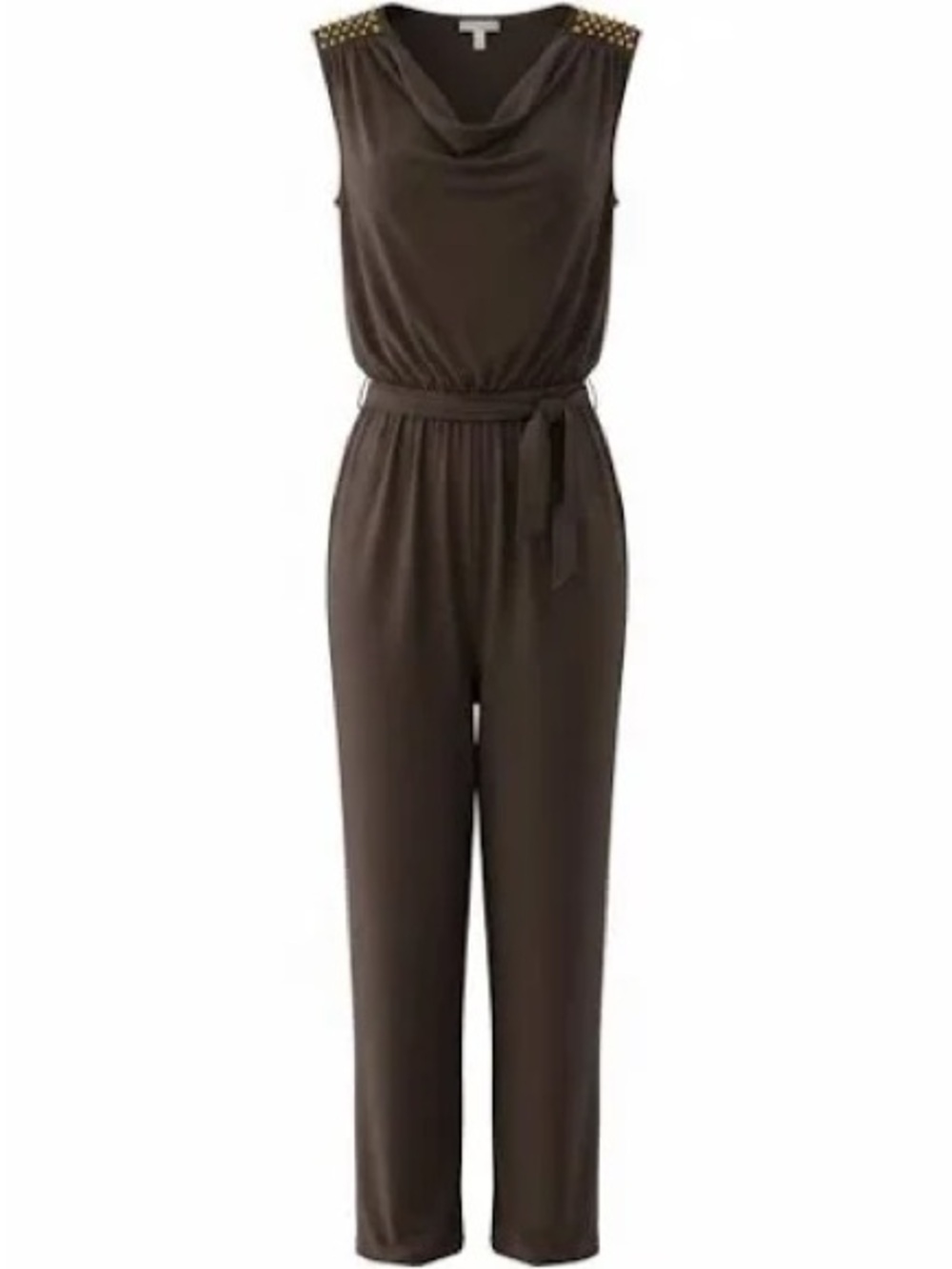Michael Kors NWT Chocolate Draped Jumpsuit Studded Shoulder XXS Chic - Picture 7 of 7